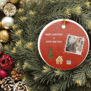 Merry Christmas Red Family Photo  Ceramic Ornament