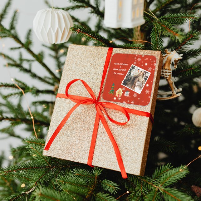 Merry Christmas Red Family Photo  Square Sticker (Creator Uploaded)