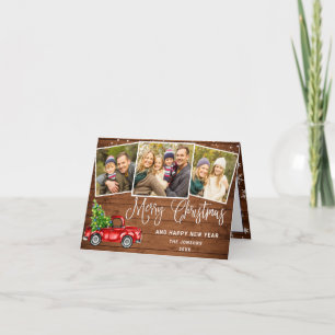 Merry Christmas Red Farm Truck 3 Photo Holiday Card