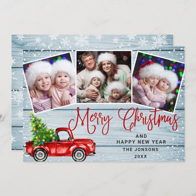 Merry Christmas Red Farm Truck 3 Photo Holiday Card (Front/Back)