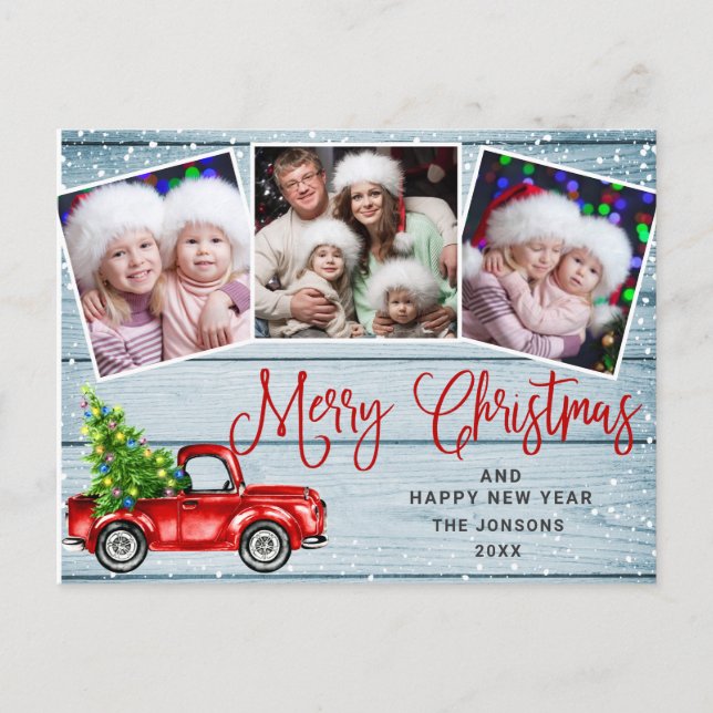 Merry Christmas Red Farm Truck 3 Photo Postcard (Front)