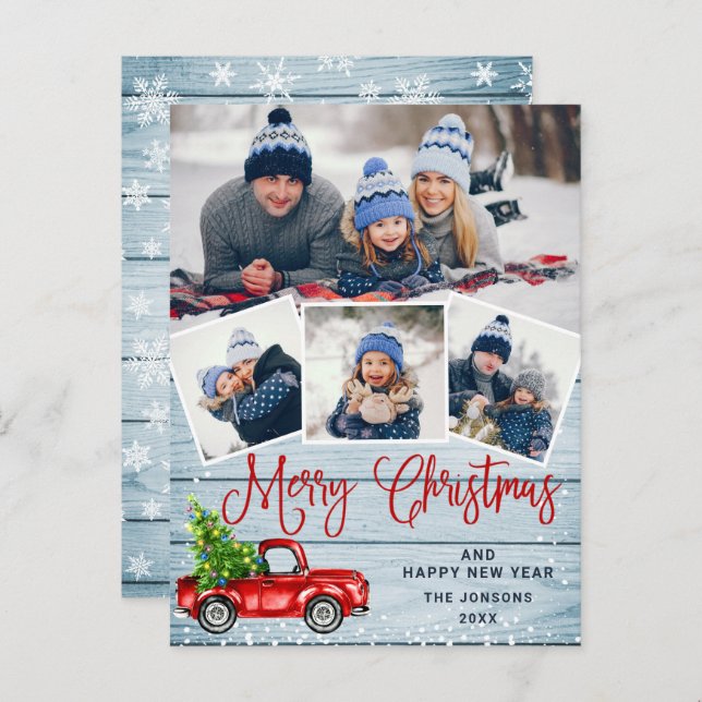 Merry Christmas Red Farm Truck 4 Photo Card (Front/Back)