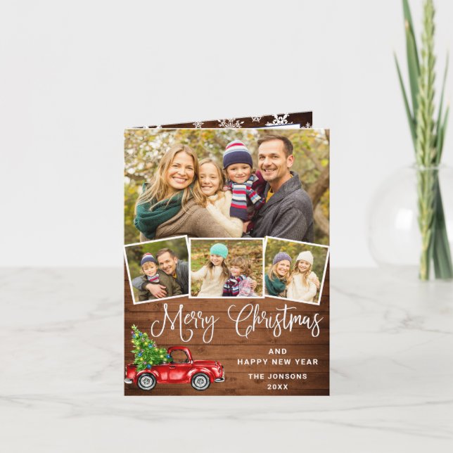 Merry Christmas Red Farm Truck 4 Photo Holiday Card (Front)