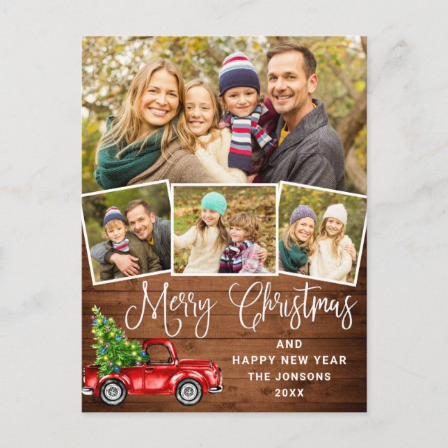 Merry Christmas Red Farm Truck 4 Photo Postcard (Front)