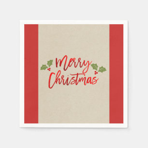 Merry Christmas Red Faux Foil Modern Script Kraft Napkin