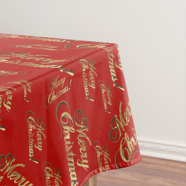 Merry Christmas Red Faux Gold Foil Script Pattern Tablecloth (In Situ)