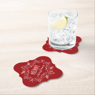 Merry Christmas Red Festive Foliage Vintage Deco Paper Coaster