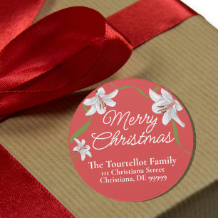 Merry Christmas Red Floral Holiday Return Address Classic Round Sticker