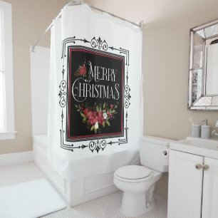 Merry Christmas Red Floral Swag Art Deco Frame Shower Curtain