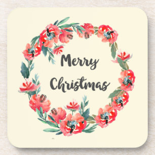 Merry Christmas Red Floral Watercolor Wreath Coaster
