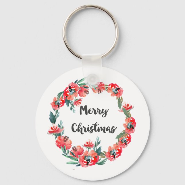 Merry Christmas Red Floral Watercolor Wreath Key Ring (Front)