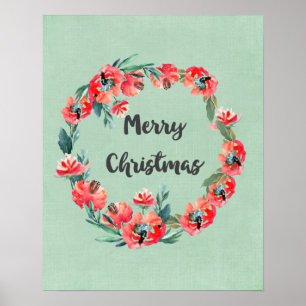 Merry Christmas Red Floral Watercolor Wreath Poster