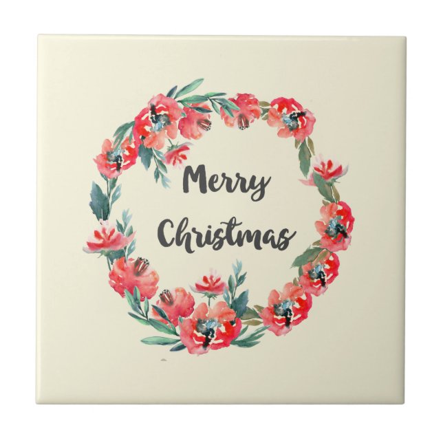 Merry Christmas Red Floral Watercolor Wreath Tile (Front)