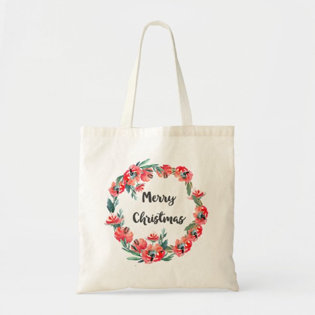 Merry Christmas Red Floral Watercolor Wreath Tote Bag (Front)