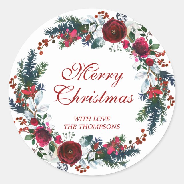 Merry christmas red floral wreath winter classic round sticker (Front)