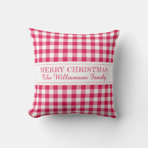 Merry Christmas Red Gingham Monogram Name Cushion