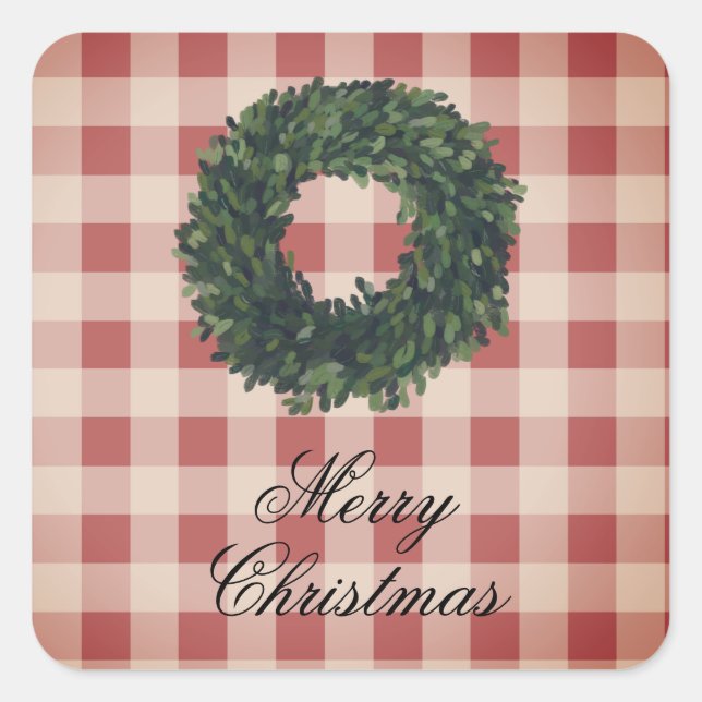 “Merry Christmas” Red Gingham Plaid Square Sticker (Front)