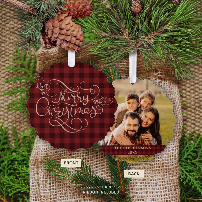 Merry Christmas Red Gingham Script Photo Tree Decoration Card (Creator Uploaded)