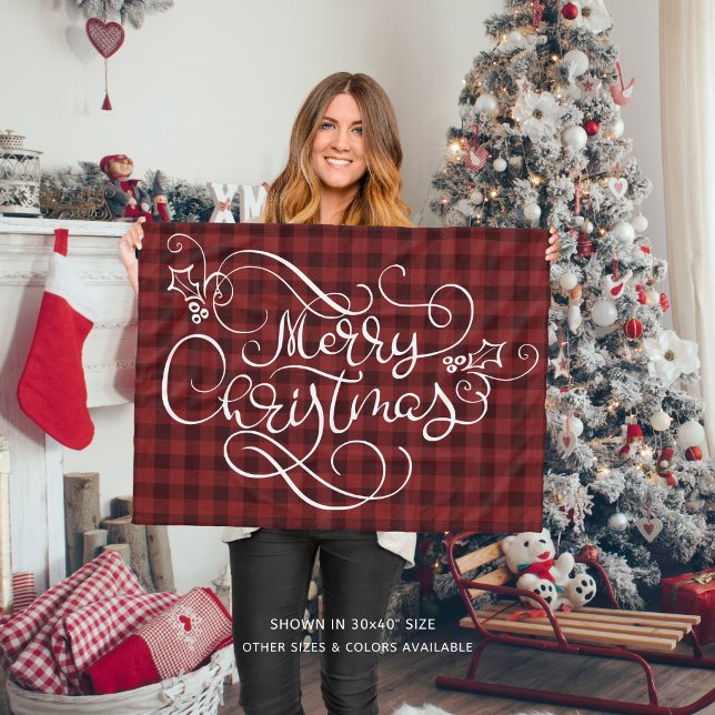 Merry Christmas Red Gingham Script Typography Fleece Blanket (Creator Uploaded)