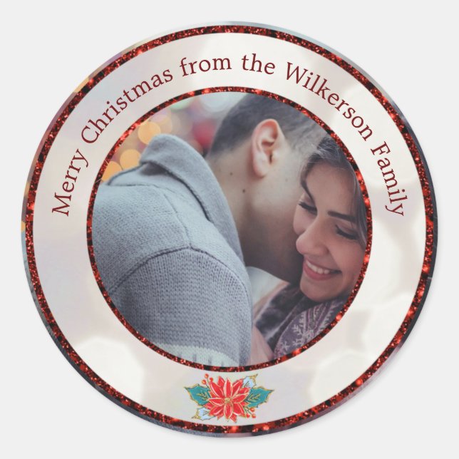 Merry Christmas Red Glitter and Bokeh Classic Round Sticker (Front)