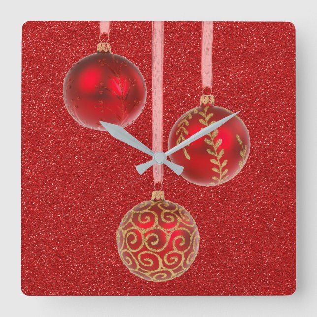 Merry Christmas Red Glitter Baubles Elegant Square Wall Clock (Front)