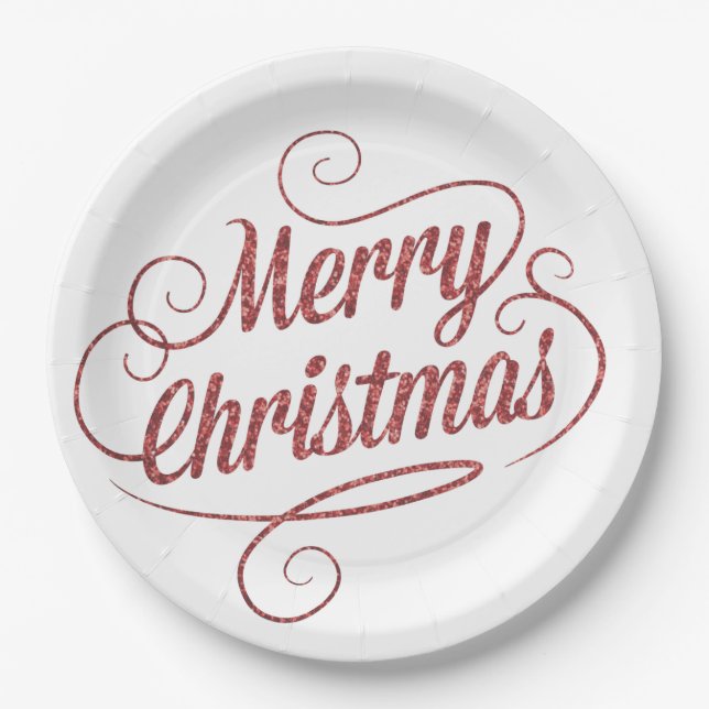 Merry Christmas Red Glitter Holiday Paper Plate (Front)
