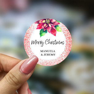 Merry Christmas Red Glitter Poinsettia  Classic Round Sticker