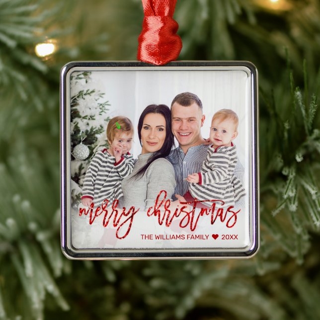 Merry Christmas Red Glitter Script Custom Photo Metal Ornament (Tree)