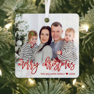 Merry Christmas Red Glitter Script Family Photo Metal Tree Decoration