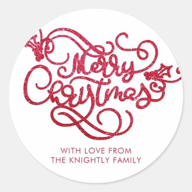 Merry Christmas Red Glitter Script Typography Classic Round Sticker (Front)