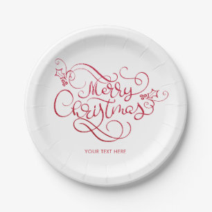 Merry Christmas Red Glitter Script Typography Paper Plate