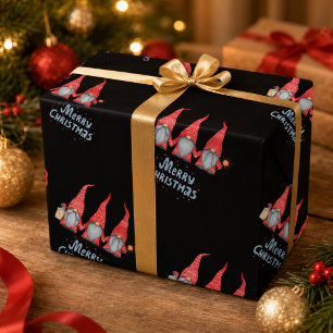 Merry Christmas Red Gnomes Black Wrapping Paper