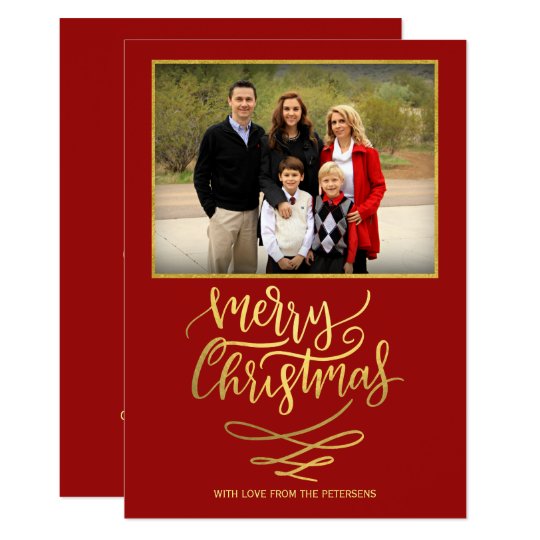Merry Christmas red gold calligraphy script photo Card