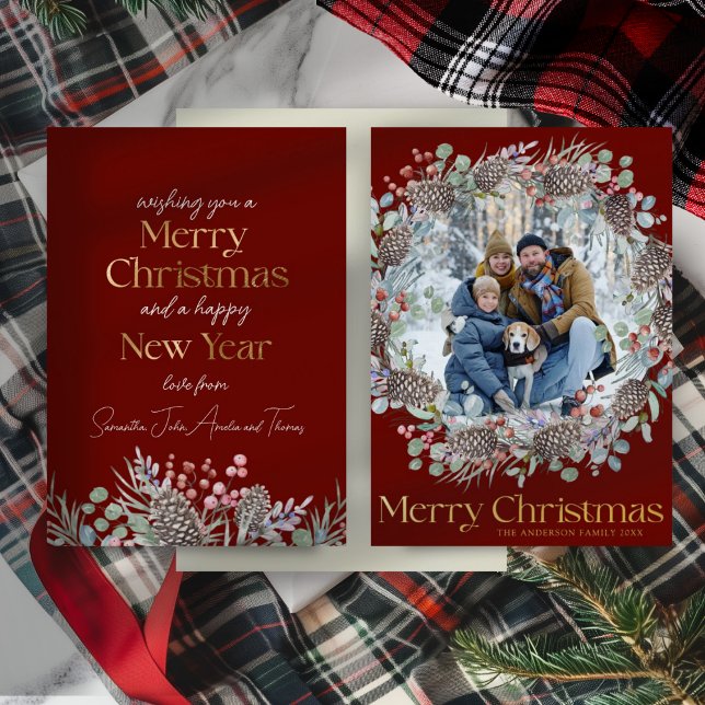  Merry Christmas Red & Gold Family Photo Foil Holiday Card (Creator Uploaded)