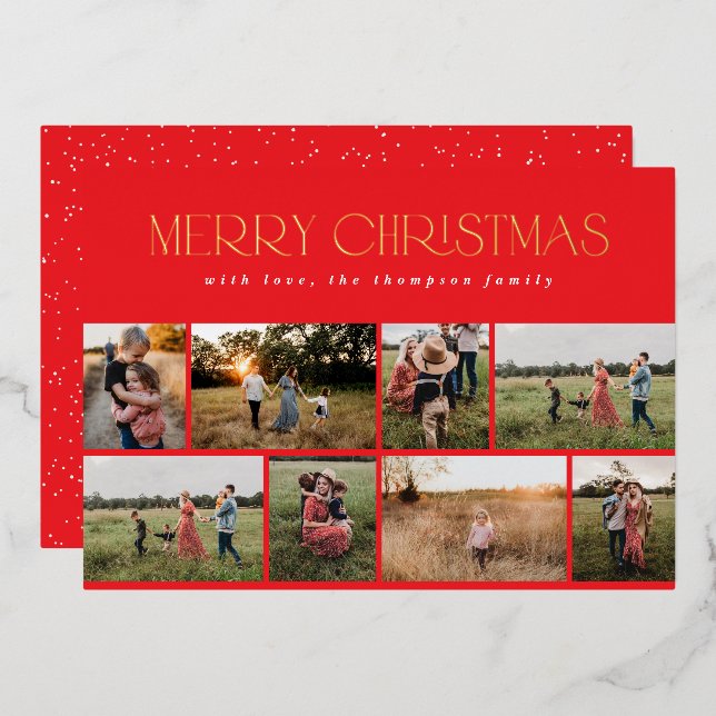 Merry Christmas Red Gold Foil Multiple Photo Holiday Card (Front/Back)