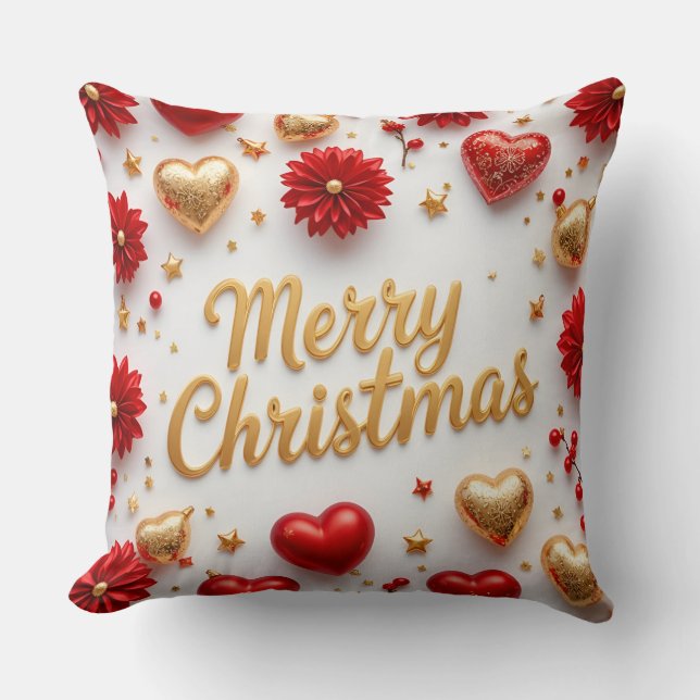 Merry Christmas Red & Gold Holiday Pillow  (Front)