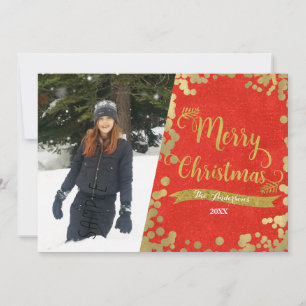 Merry Christmas Red & Gold Modern Photo Holiday Card