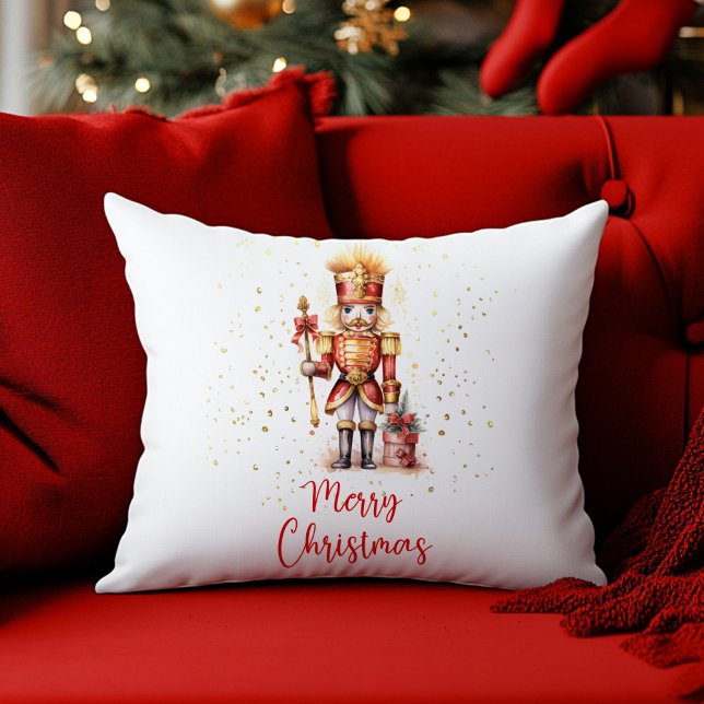  Merry Christmas Red Gold Nutcracker Cushion (Merry Christmas Red Gold Nutcracker Throw Pillow)