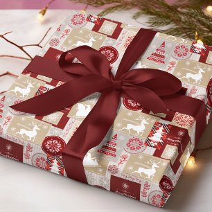 Merry Christmas Red Gold Silver Tartan Patchwork Wrapping Paper