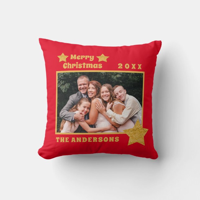 Merry Christmas Red Gold Stars Family Photo Cushion (Front)