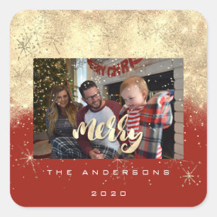 Merry Christmas Red Gold Stars Spark Photo Name Square Sticker