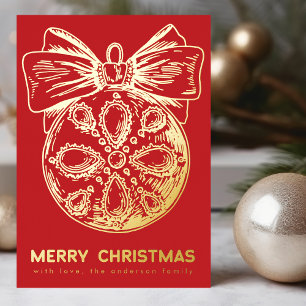 Merry Christmas Red Golden Ornament   Photo Foil Holiday Card