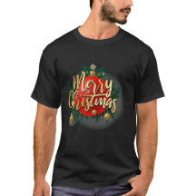Merry Christmas Red Golden Ornament T-Shirt | Blac