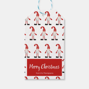 Merry Christmas Red Gray Gnome Nordic Pattern Gift Tags