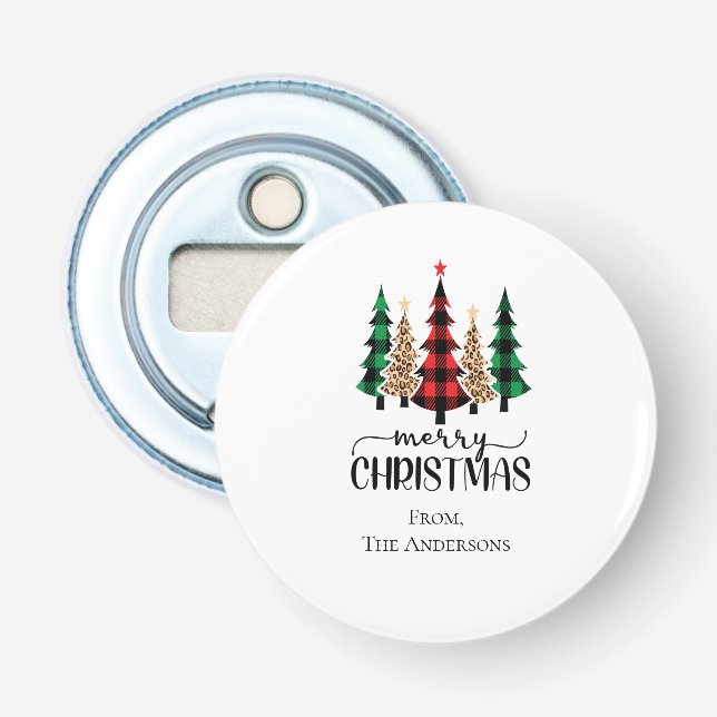 Merry Christmas Red Green and Black Plaid Trees  Bottle Opener (Front)