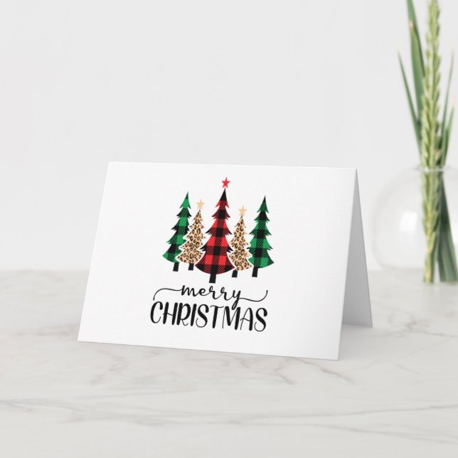 Merry Christmas Red Green and Black Plaid Trees Card (Front)