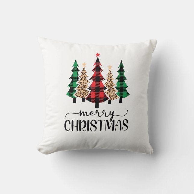 Merry Christmas Red Green and Black Plaid Trees Cushion (Front)