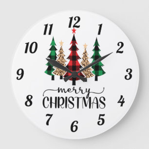 Merry Christmas Red Green and Black Plaid Trees  Large Clock