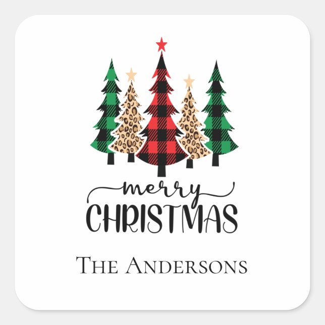 Merry Christmas Red Green and Black Plaid Trees Square Sticker (Front)