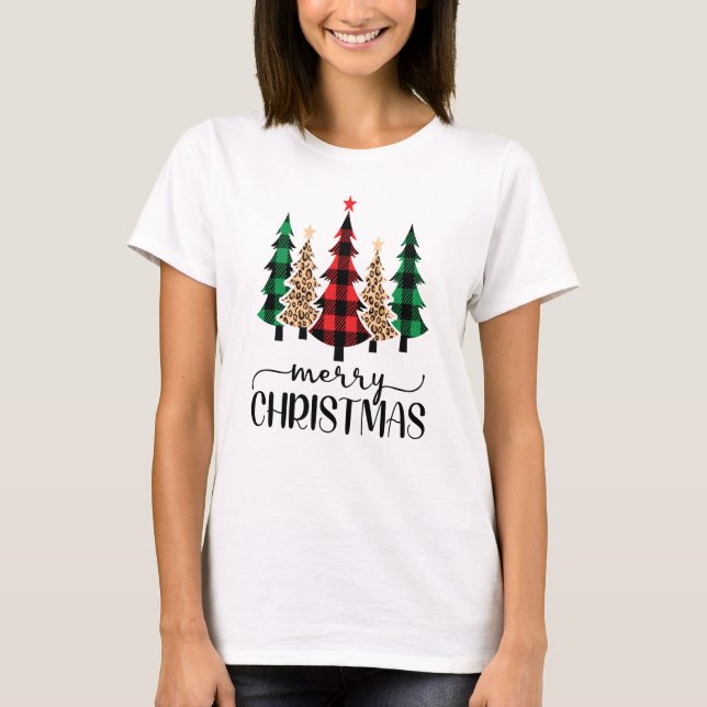 Merry Christmas Red Green and Black Plaid Trees T-Shirt (Front)
